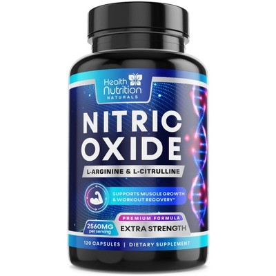 Extra Strength Nitric Oxide Supplement 3X Strength L Arginine, Citrulline Malate, AAKG, Beta Alanine - 120 Capsules By Health Nutrition Naturals