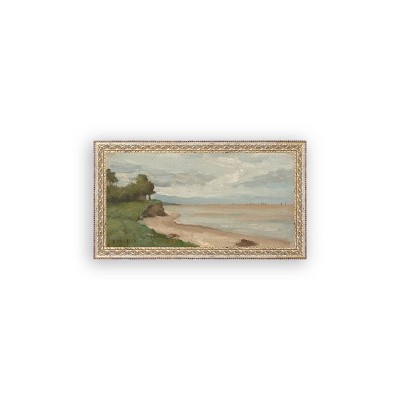 Petal Lane 30"x16" Beach Near Etretat Wall Art: Vintage Style, Framed Canvas, Gold Frame, Sawtooth Back
