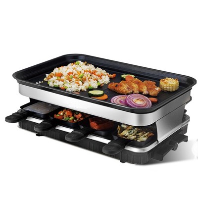 Kumasinova Raclette Grill for 8 People, Non-Stick Coated Grill Plate with 8 Mini Raclette Pans, Infinitely Adjustable Temperature, 1500W