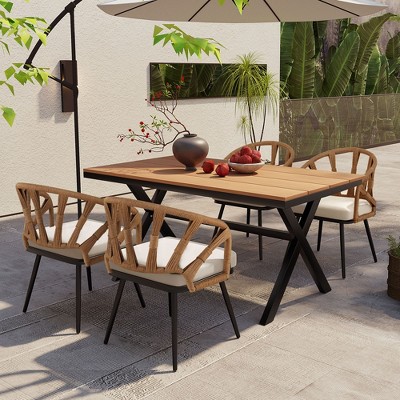 Sapphtopaz Outdoor Patio Furniture Set Rattan Weave Rope Chairs and Dining Table with Wood Table Top Outdoor Chairs for Patio, Terrace