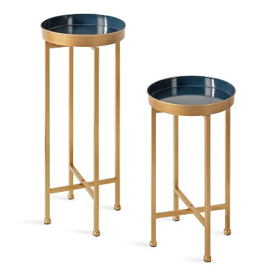 Kate and Laurel Celia Round Metal Nesting Table, 2 Piece, Navy Blue and Gold