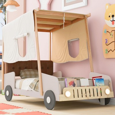 NicBex Twin/Full Size Car-Shaped Platform Bed Frame with Pillow,Ceiling Cloth and LED Light,Wood Slats Support,No Box Spring Needed,Easy Assembly