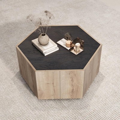 Acekool Industrial Rustic Hexagonal Coffee Table, Oak & Textured Gray Finish, Dual Drawers, Waterproof Top, 31.81"x27.56"x15.75"
