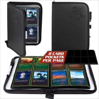 Monster Protectors Deluxe 4 Pocket Trading Card Leather Album - Dry Erase Boards & Marker, Side Loading Padded Double Sided Pockets, Holds 160 Cards