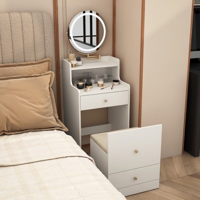 KTMBDW 3 in 1 Vanity Desk With mirror and light,Small makeup vanity set with charging station, 2 drawers and open storage space for Bedroom,Apartment