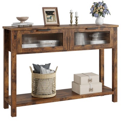 GustoWave 43'' Wood Console Table for Entryway – 2-Tier Sofa Table with 2 Glass Drawers and Storage, Ideal for Living Room and Foyer