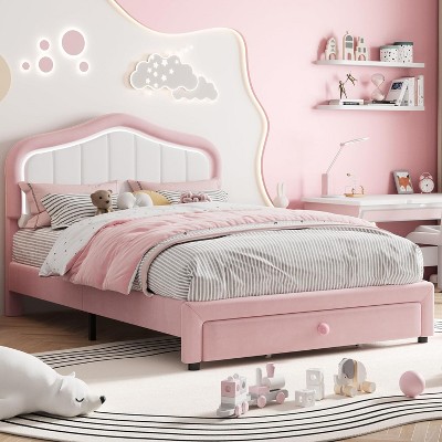 CuisinSmart Upholstered Twin Bed Frame with Storage Drawer, Velvet Bed Frame with Headboard for Girls, Boys, No Box Spring Needed, Noise Free