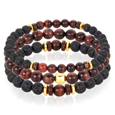Crucible Men's Red Tiger Eye Stone with Hematite, Lava and Wood Bead Stretch Bracelets