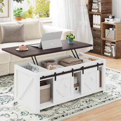 EROMMY Farmhouse Lift Top Coffee Table With Storage & Sliding Barn Doors