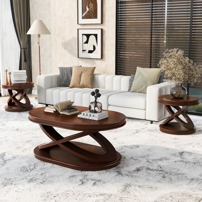3-Piece Coffee Table Set, Oval Coffee Table & 2 Round End Tables, Retro Accent Table Set with X-Shaped Bases - ModernLuxe
