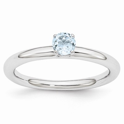 Black Bow Jewelry Rhodium Plated Sterling Silver Stackable 4mm Round Aquamarine Ring