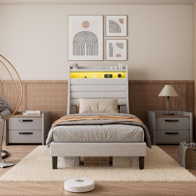 Whizmax Platform Bed Frame - Upholstered Linen Headboard with Storage, Charging Station & LED Lights, Wood Slat Support, No Box Spring