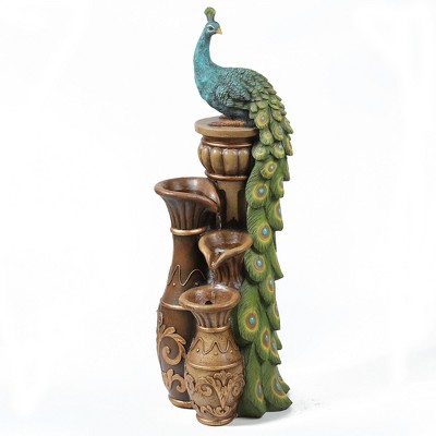 LuxenHome 44" Resin Peacock Outdoor Water Fountain with LED Lights, Lighted Waterfall Fountain with Cascading Water Multicolored