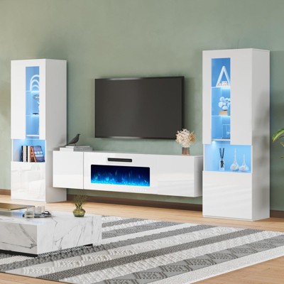 AMERLIFE Entertainment Center Set Include Floating TV Stand with Electric Fireplace & 2 Bookcases