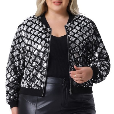 Agnes Orinda Women's Plus Size Sequin Long Sleeve Metallic Party Crop Bomber Jackets