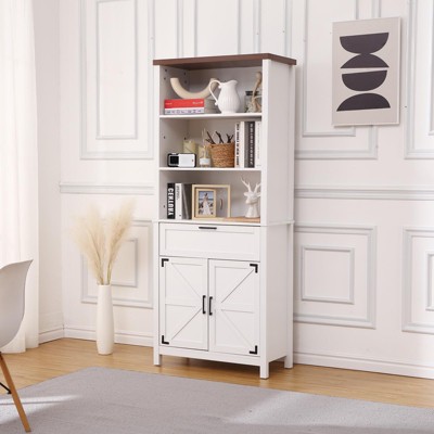 72 Inch Bookshelf Bookcase with Doors, 6-Tier Farmhouse Bookshelf with Cabinet and Drawer, with Adjustable Shelf for Living Room