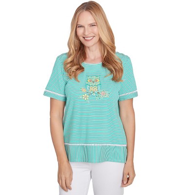 Alfred Dunner Womens Owl Knit Striped Tee
