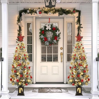 4.5FT Pre-Lit Spruce Christmas Tree, Artificial Xmas Tree with Light Pot Base, 200 Warm White Lights and 8 Mode Timer, for Entrances and Christmas