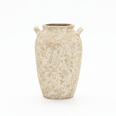 LuxenHome Vintage Pottery Off-White with Brown 15.75-Inch Tall Round Ceramic Vase Multicolored