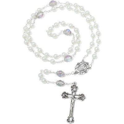 6 MM Pearl Rosary Beads with Crucifix, Catholic Necklace for Women with Velvet Bag or Rosary Box
