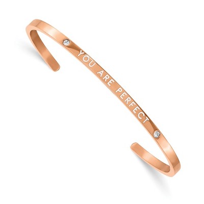 Chisel Stainless Steel Polished Rose IP-plated and Enameled Crystal YOU ARE PERFECT Bangle
