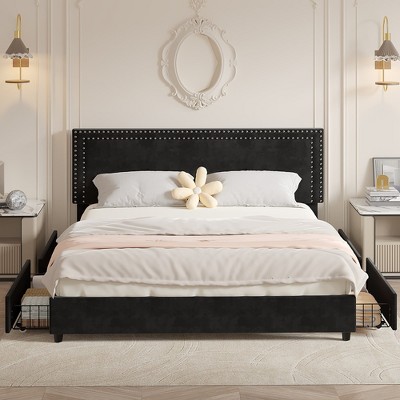 VECELO Upholstered Platform Bed Frame Platform with 4 Storage Drawers, Adjustable Velvet Rivets Headboard