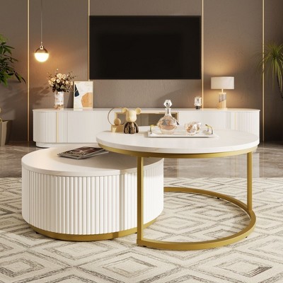 NicBex Round Nesting Coffee Table, 31.5 Inch, Fluted Design with Drawer, White Gold Finish