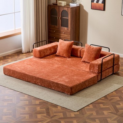 Convertible Floor Sofa Bed, Chenille Fabric Compression Futon Couch with Armrest and Pillow Support, Living Room & Bedroom Sleeper