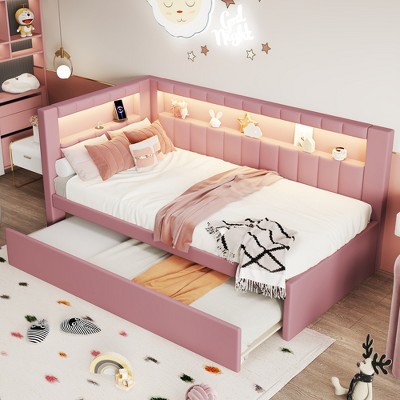 Twin Size Upholstered Platform Bed Frame with Twin Trundle Bed, USB Ports and LED Light -ModernLuxe