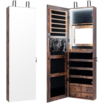 Tangkula Mirror Jewelry Cabinet 96 LED Lights Wall Door Mounted Armoire w/ Makeup Rack