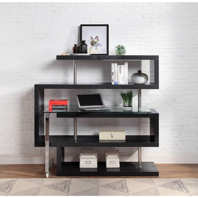 Sapphtopaz 4-Tier Bookcase with Chrome High Gloss Finish, Clear Glass Display Bookshelf Writing Desk with Shelf for Small Spaces, Office