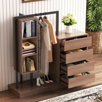 KTMBDW Wardrobe Closet, Portable Clothing Rack for Hanging Clothes, Free Standing Closet Organizers with 4 Large Drawers and 3 Shelves for Bedroom
