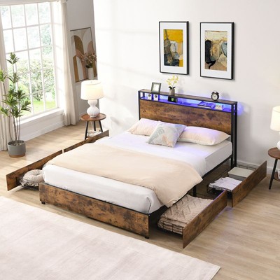 Okak Full/Queen/King Platform Bed Frame with Storage Headboard, Bed with Charger Station LED Light, No Box Spring Needed Noise-Free Metal Slats