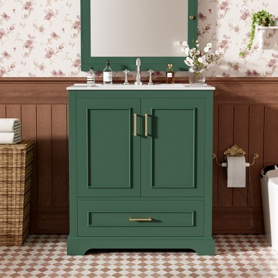 24"/30"W Bathroom Vanity with Ceramic Sink, Bathroom Storage Cabinet with Divided Drawer, Door Shelves & Soft Close Door - ModernLuxe