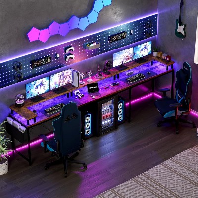 78.8" U Shaped Computer Desk with Power Outlets, USB Ports, LED Strip and Monitor Stand, Reversible L Shaped Desk with Storage Shelves