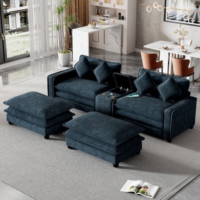 Merax Chenille Sectional Sofa with 2 Removable Ottomans, USB Ports, Cup Holders & Hidden Storage