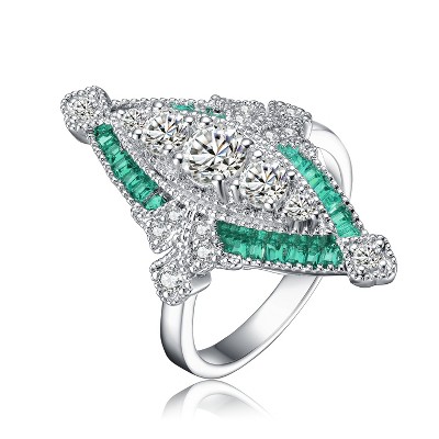 Guili Luxe Sterling Silver Ring, Baguette & Round Cubic Zirconia, Modern Radiant Style, Luxurious Statement, Green/Blue, Sizes 6-8.