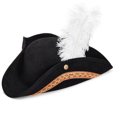 Juvale Tricorn Pirate Hat with Feather for Halloween Outfit - Black Pirate Hat for History Theme Birthday & Halloween Party
