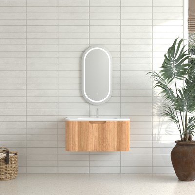 Lyngins Wall-Mounted Floating Bathroom Vanity with Sink & Soft-Close Drawer, Pre-Assembled Curved Edge Storage Bathroom Cabinet in Natural Walnut