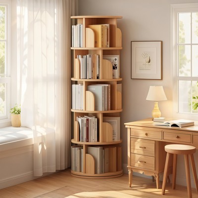 TiramisuBest 6-Tier Rotating Bookshelf with 360°Spin, Wheels & Drawer - Space-Saving Tower for Bedroom/Living Room/Office (Wood)