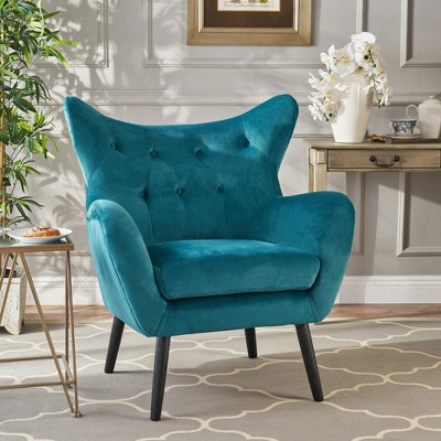 Velvet Mid-Century Modern Wingback Arm Chair with Oak Wood Frame, and Semi-Soft Seat