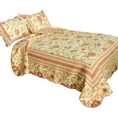 Slickblue Vermicelli Quilted Quilt Set, 8 Floral Design, Full/Queen, Cotton, Machine Washable, 3-Piece