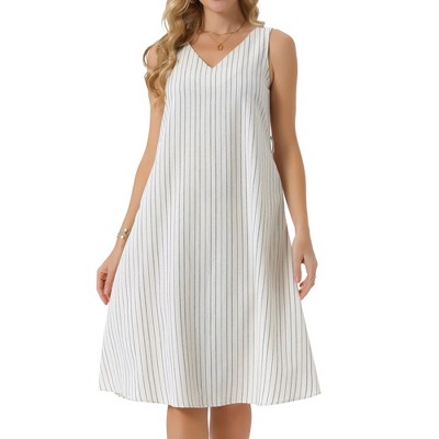INSPIRE CHIC Women's Sleeveless Linen V Neck Tie Waist A Line Summer Dress with Pockets