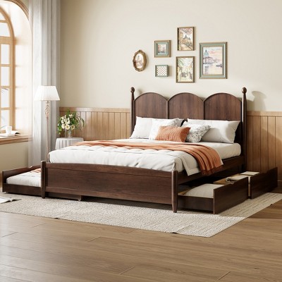 TIRAMISUBEST Queen Size Platform Bed with Vintage Headboard, Storage Bed Frame with Trundle & 2 Drawers