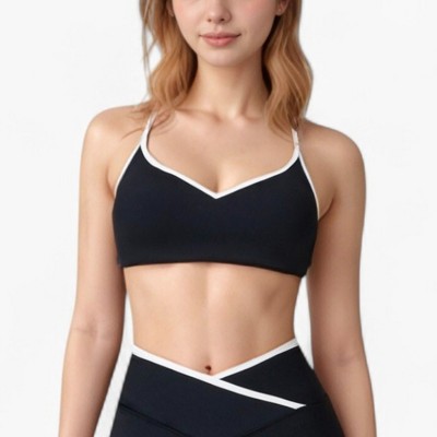 Anna-Kaci Active Women's V-Neck Sports Bra with Contrast Trim and Thin Adjustable Straps - Small, Black
