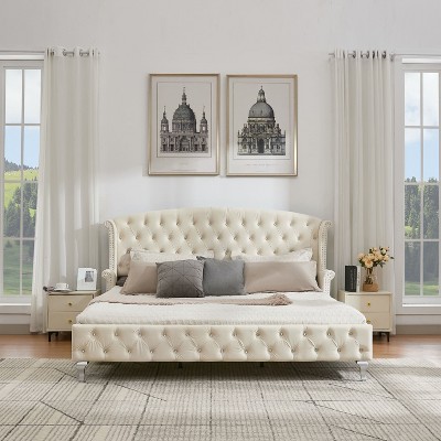Christopher Knight Home Cresht Classic Velvet Upholstered Diamond Button-Tufted Bed with Wingback Headboard
