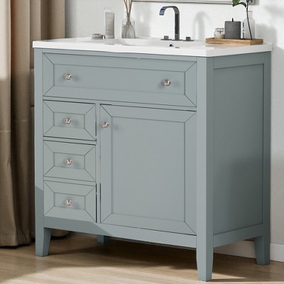 30" Solid Wood Bathroom Vanity with Ceramic Undermount Sink, Soft-Close Drawer Slides, Flip Bin, Storage Drawer & Adjustable Shelf