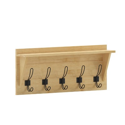 Merrick Lane Pine Wood 24 Inch Wall Mount Storage Rack with 5 Hanging Hooks and Upper Display Shelf