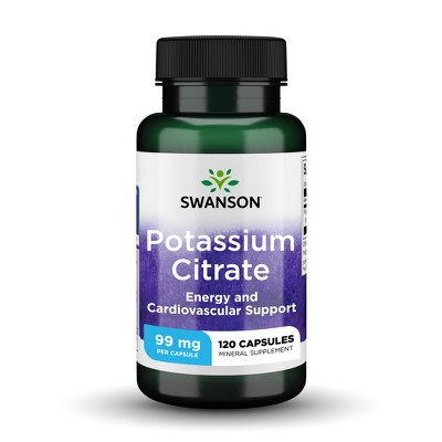 Swanson Ultra Potassium Citrate Mineral Supplement, Essential Electrolyte Helps Support Heart Health & Energy, 99 mg (120 Capsules)