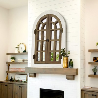 Beautyolove Farmhouse Arched White Wood Framed Windowpane Wall Mirror